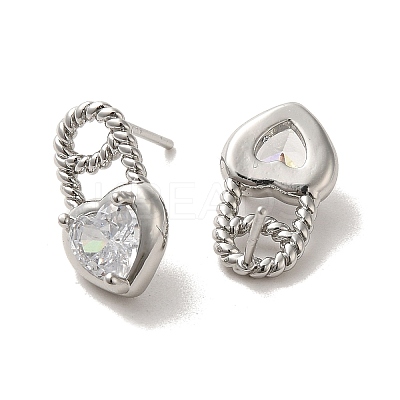 Heart Brass Micro Pave Cubic Zirconia Stud Earrings EJEW-H128-01P-1