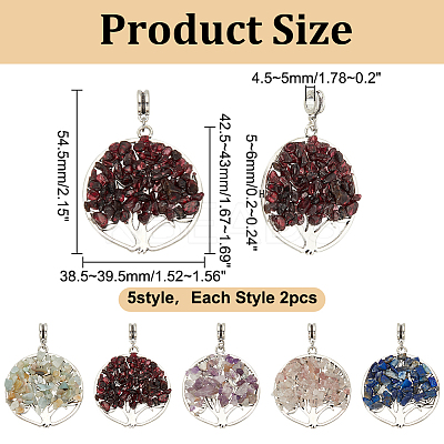 10Pcs 5 Styles Natural Amethyst & Lapis Lazuli & Rose Quartz & Garnet & Flower Amazonite Chip Tree of Life Big Pendants PALLOY-HY00014-1