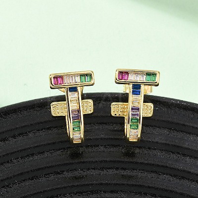 Brass Micro Pave Cubic Zirconia T-Shaped Stud Earrings EJEW-B153-07G-1