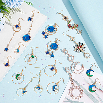 9 Pairs 9 Style Rhinestone Sun & Moon & Star & Planet Enamel Asymmetrical Earrings EJEW-AN0002-14-1