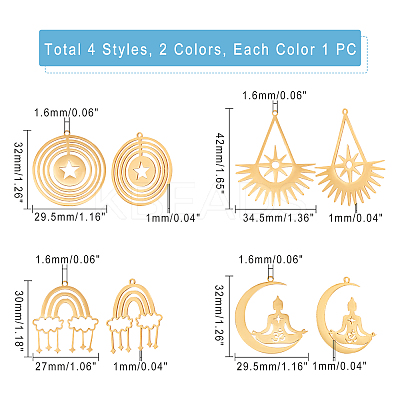 8Pcs 8 Style PVD Vacuum Plating 201 Stainless Steel Pendants STAS-DC0005-13-1