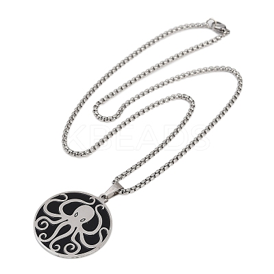 201 Stainless Steel Black Enamel Flat Round with Octopus Pendant Necklaces LS-NJEW-K283-31P-1