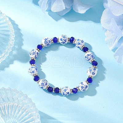 Handmade Blue and White Porcelain & Glass Beads Stretch Bracelets for Women BJEW-JB12225-1