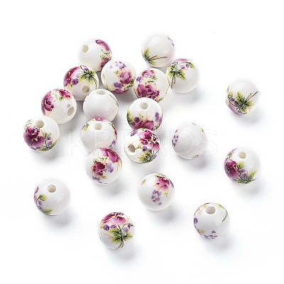 Floral Printed Porcelain Beads X-CFF042Y-1