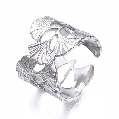 Non-Tarnish 304 Stainless Steel Ginkgo Leaf Wrap Open Cuff Ring LS-RJEW-T023-28P-1