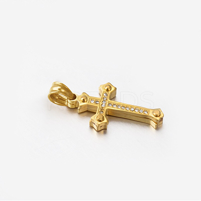 304 Stainless Steel Rhinestone Cross Pendants STAS-M185-41G-1