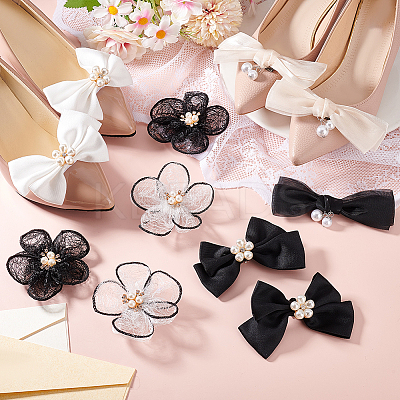 6 Styles Polyester/Cloth Bowknot/Flower Bridal Shoe Decoration with Plastic Imitation Pearl AJEW-PH0012-07-1