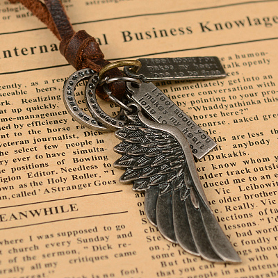 Adjustable Leather Cord Alloy Wing Pendant Necklaces For Men NJEW-k031-22-1