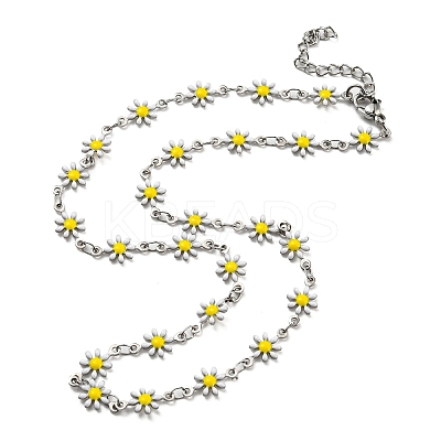 304 Stainless Steel Flower Link Chain Necklace with Enamel NJEW-E098-01P-1