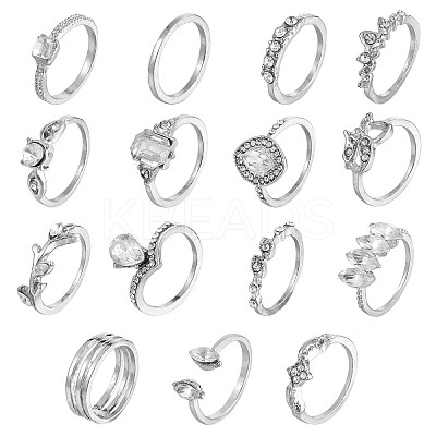 15Pcs 15 Style Crystal Rhinestone Teardrop & Horse Eye & Leaf Finger Rings JR938A-1