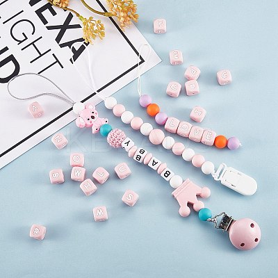 20Pcs Pink Cube Letter Silicone Beads 12x12x12mm Square Dice Alphabet Beads with 2mm Hole Spacer Loose Letter Beads for Bracelet Necklace Jewelry Making JX435U-1