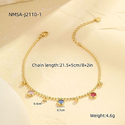 304 Stainless Steel Pave Cubic Zirconia Flat Round Charm Anklets FS-WG00298-04-1
