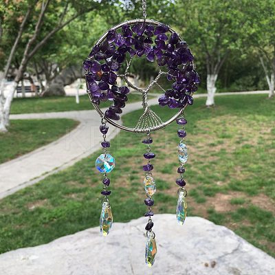 Metal Wire Wrapped Natural Amethyst Chips Flat Round with Tree of Life Pendant Decorations. Hanging Suncatchers TREE-PW0003-11H-1