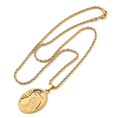 201 Stainless Steel Embossed Virgin Mary Pendant Rope Chain Necklaces NJEW-S387-08G-1