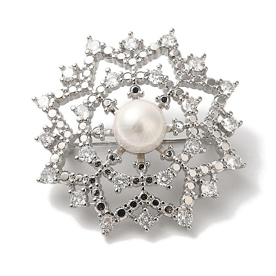 Rack Plating Brass Pave Clear Cubic Zirconia Flower Brooches KK-S391-04P-1