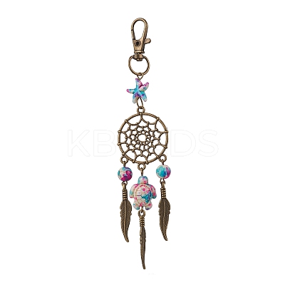 Synthetic Turquoise Starfish Turtle & Alloy Woven Net/Web with Feather Pendant Decorations HJEW-JM03126-1
