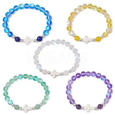 Synthetic Moonstone Beads Stretch Bracelets for Women Men BJEW-JB11376-1