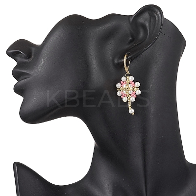 Flower with Cross 304 Stainless Steel Earrings Glass Seeds Leverback Earrings EJEW-MZ00507-05-1