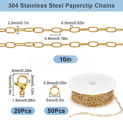10M Ion Plating(IP) 304 Stainless Steel Paperclip Chains wih 50Pcs Open Jump Rings with 20Pcs  Lobster Claw Clasps FIND-SC0012-56A-1