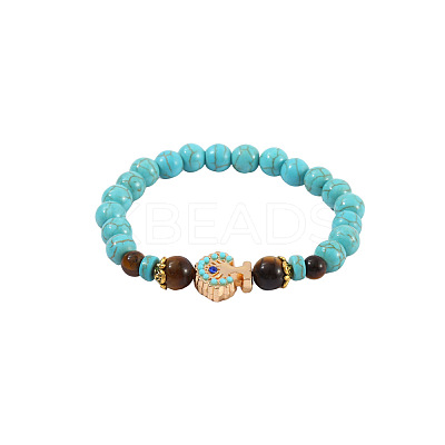 Synthetic Turquoise & Natural Tiger Eye Round Beaded Stretch Bracelets FS-WGB9D7B-06-1