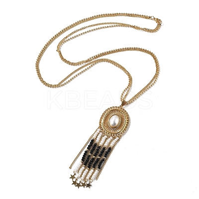 Bohemian 304 Stainless Steel & Imitation Pearl Oval Pendant Necklaces NJEW-Z061-10G-02-1