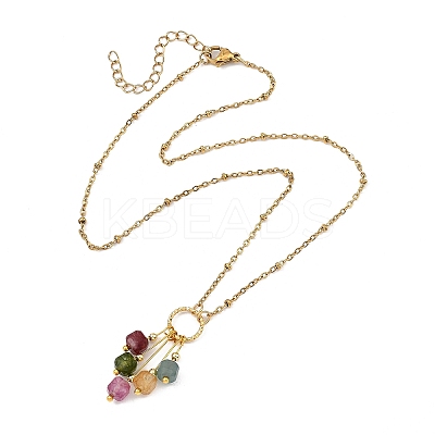 Natural Multicolor Tourmaline Faceted Cube Tassel Pendant 304 Stainless Steel Satellite Chain Necklaces for Women NJEW-JN06234-1