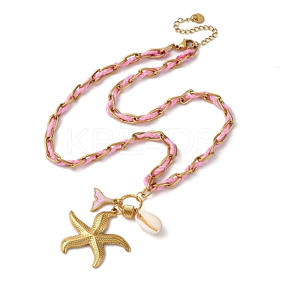 Starfish & Mermaid Tail Shape 304 Stainless Steel Enamel Pendant Necklaces NJEW-L465-08G-1