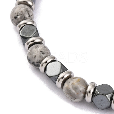 Natural Map Stone & Magnetic Synthetic Hematite Round Beaded Bracelet X-BJEW-P339-02P-02-1