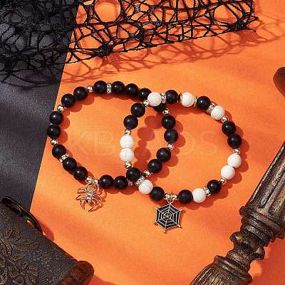 2Pcs 2 Styles 8mm Round Dyed Natural Black Agate & Synthetic Turquoise Beaded Stretch Bracelets BJEW-JB10564-1