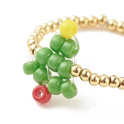 Christmas Tree Glass Seed & Brass Beaded Finger Ring RJEW-TA00038-1