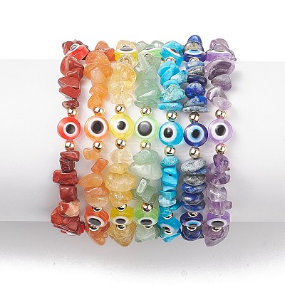 7Pcs Natural & Synthetic Mixed Gemstone Chips & Resin Evil Eye Beaded Stretch Bracelets Set BJEW-JB08814-1