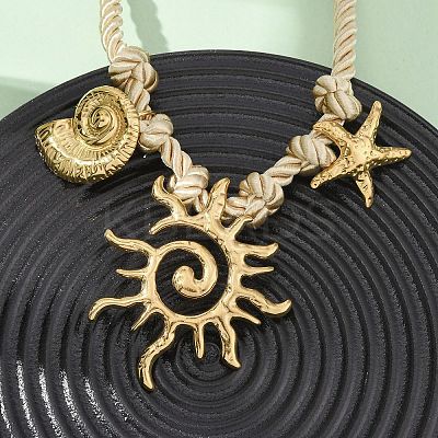 304 Stainless Steel Sun Starfish Conch Shape Pendant Polyester Twisted Rope Necklaces NJEW-D340-05G-1