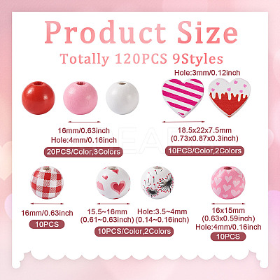 120Pcs 9 Styles Valentine's Day Painted Natural Wood Beads WOOD-KS0001-20-1
