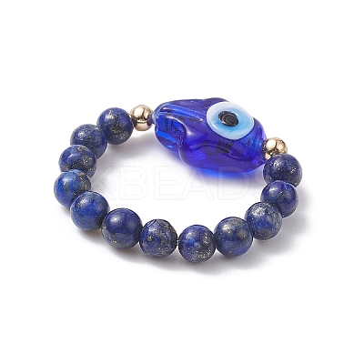 Natural & Synthetic Mixed Gemstone & Evil Eye Lampwork Beaded Stretch Rings RJEW-JR00573-1