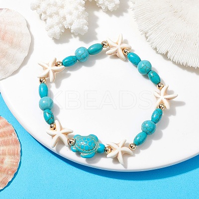 Turtle & Starfish Synthetic Turquoise Beaded Stretch Bracelet BJEW-JB09955-1