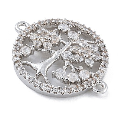 Rack Plating Brass Clear Cubic Zirconia Flat Round with Tree Connector Charms X-KK-A234-033P-1