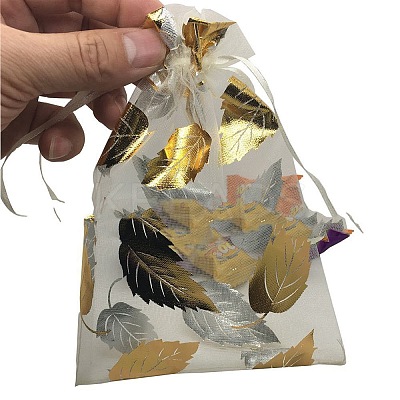 Gold Stamping Leaf Organza Printed Gift Bags with Drawstring LS-PW-WGCD8B4-02-1