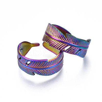 304 Stainless Steel Feather Wrapped Cuff Ring RJEW-N038-061-1