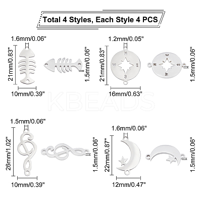 16Pcs 4 Style 201 Stainless Steel Links STAS-UN0031-08-1