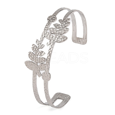 Non-Tarnish 304 Stainless Steel Hollow Leaf Open Cuff Bangles for Women LS-BJEW-K241-03A-P-1