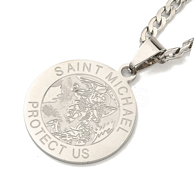 Non-Tarnish Flat Round with Saint Miller Archangel Pendant Necklaces LS-NJEW-S422-03P-1
