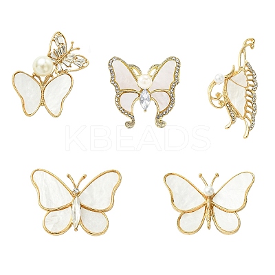 5Pcs 5 Styles Butterfly Alloy Rhinestone Brooches JEWB-CJ0001-33-1
