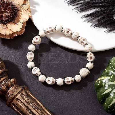 Halloween Dyed Synthetic Turquoise Skull & Round Beaded Stretch Bracelets for Men Women BJEW-JB12255-01-1