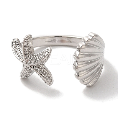 Starfish & Shell Shape Rack Plating Brass Open Cuff Finger Rings for Women RJEW-L123-010P-1