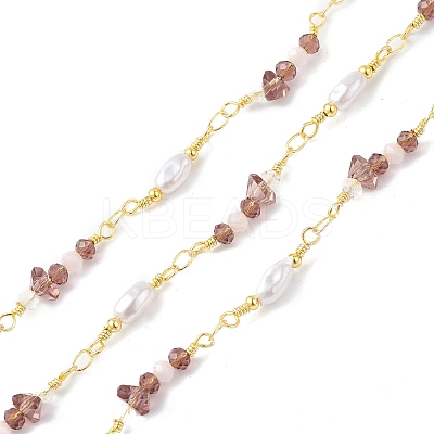 Brass Glass Bead Link Chains with ABS Imitation Pearl Beads CHS-P016-39G-05-1
