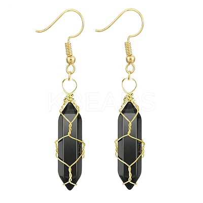 Obsidian Hexagon Handmade Copper Wire Wrapped Earrings Natural Stone Column Earrings ND6138-6-1