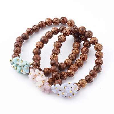 Round Natural Wood Beads Stretch Bracelets Sets BJEW-JB06000-1