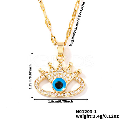 Fashionable Hip-hop Style Brass Full Crystal Rhinestone Crown Blue Evil Eye Pendant Dapped Chain Necklaces for Women MF0686-1-1
