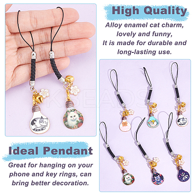 12Pcs 6 Colors Lamp Bulb with Cat Printed Alloy Mobile Straps HJEW-OC00003-1