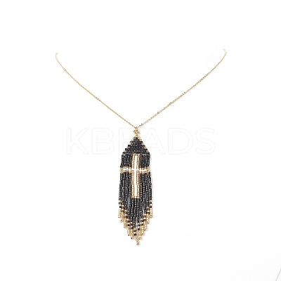 Glass Seed Beaded Cross Tassel Pendant Necklaces NJEW-MZ00011-01-1